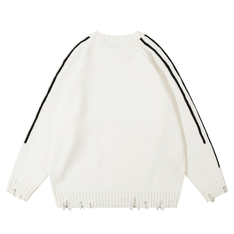 White distressed sweater with black stripes from the Distressed Streetwear Knit Sweater collection