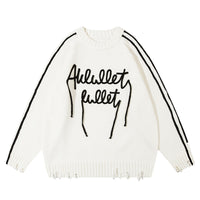 White distressed streetwear knit sweater with black stripes and lettering