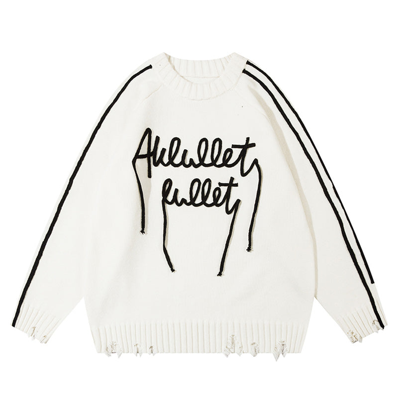White distressed streetwear knit sweater with black stripes and lettering