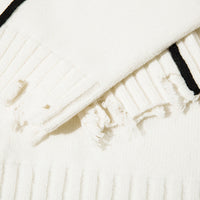 White knit fabric with black stripes and frayed edges for Distressed Streetwear Knit Sweater