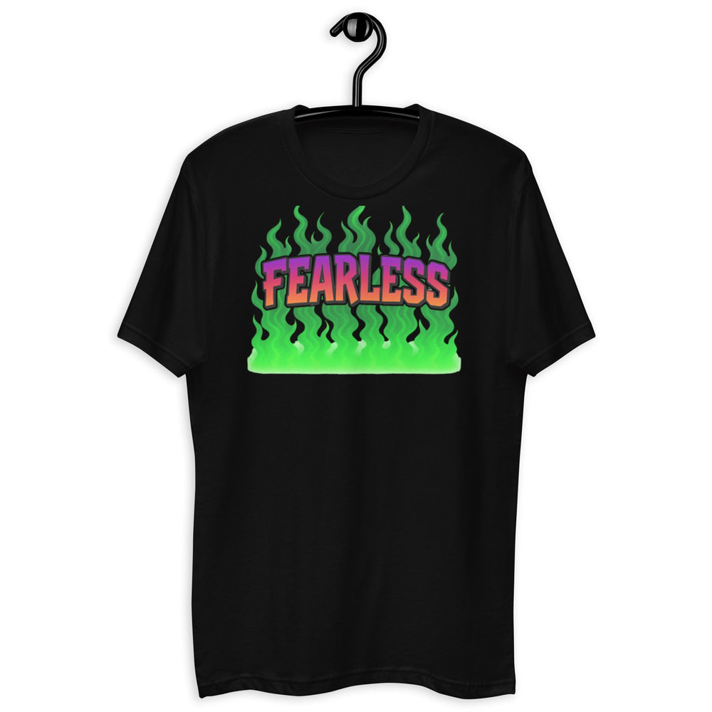 Black t-shirt with ’Fearless’ graphic.