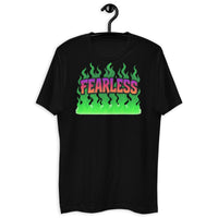 Black t-shirt with ’Fearless’ graphic.