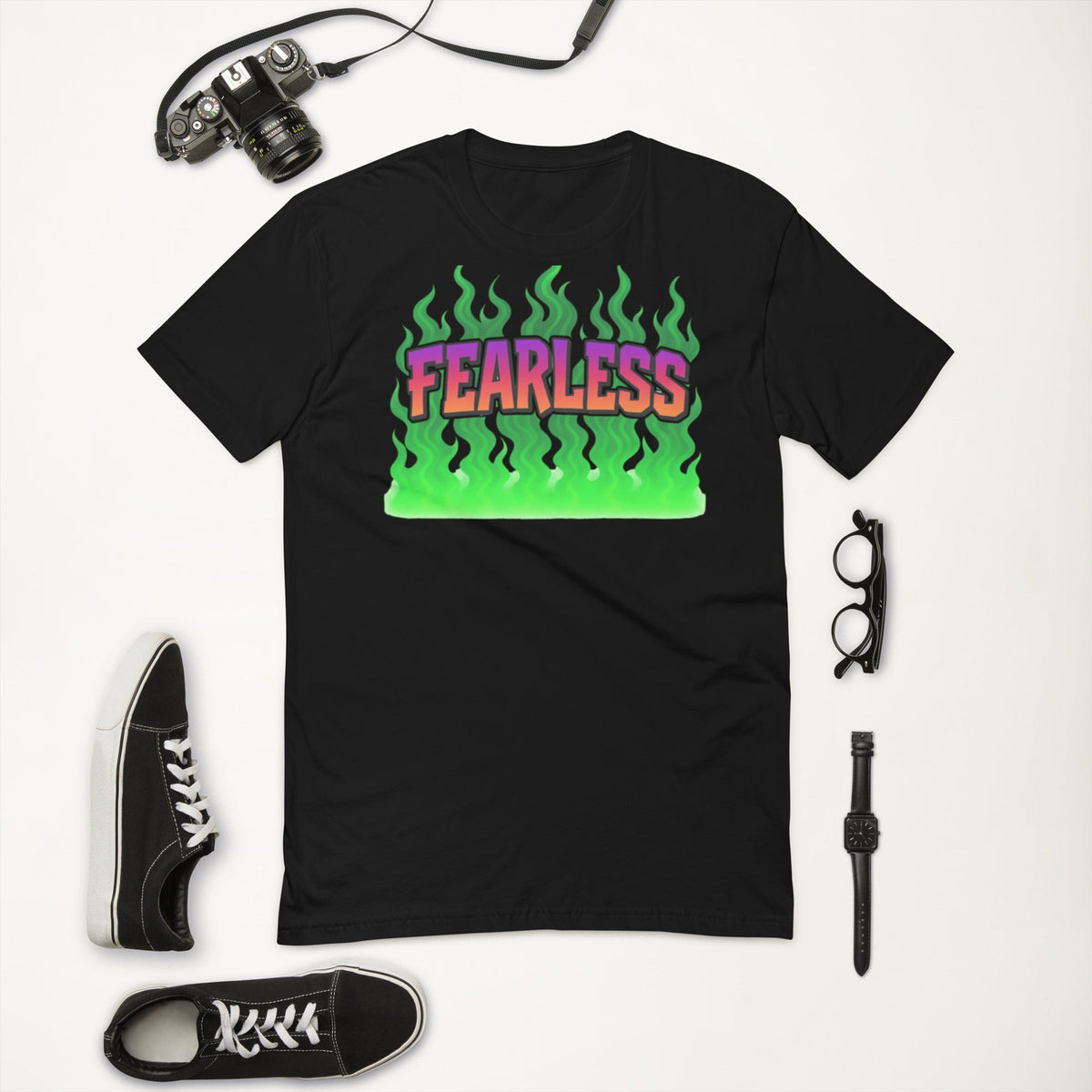 Black t-shirt with ’Fearless’ graphic.