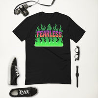 Black t-shirt with ’Fearless’ graphic.