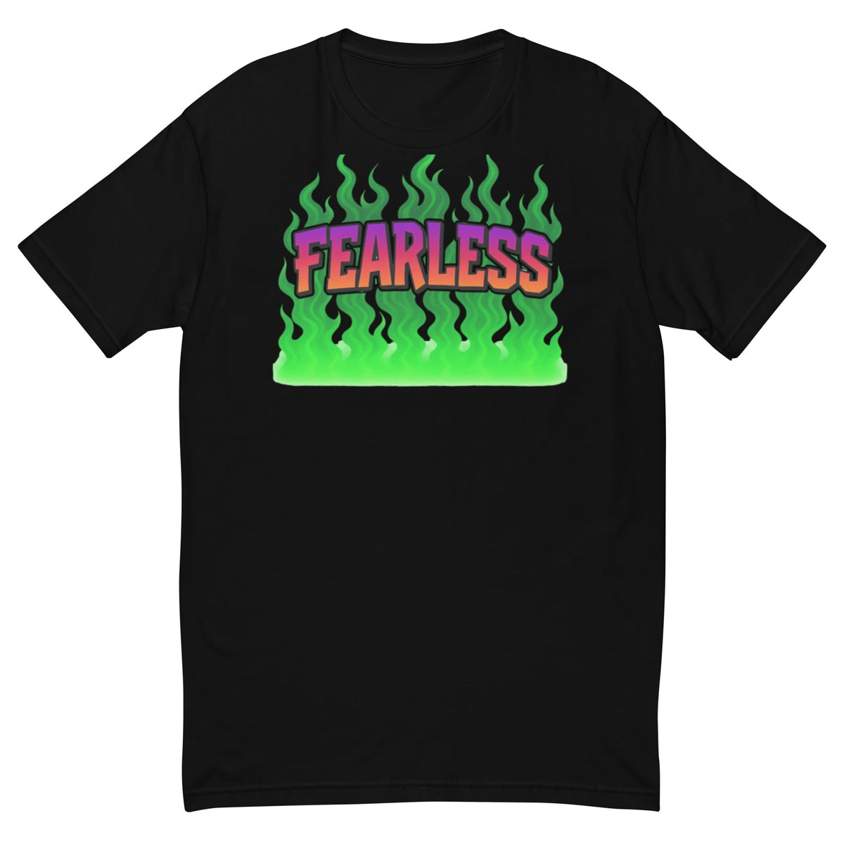 Black t-shirt with ’Fearless’ graphic.