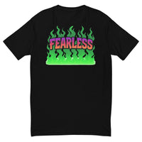 Black t-shirt with ’Fearless’ graphic.
