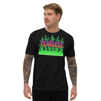 Black t-shirt with ’Fearless’ graphic.