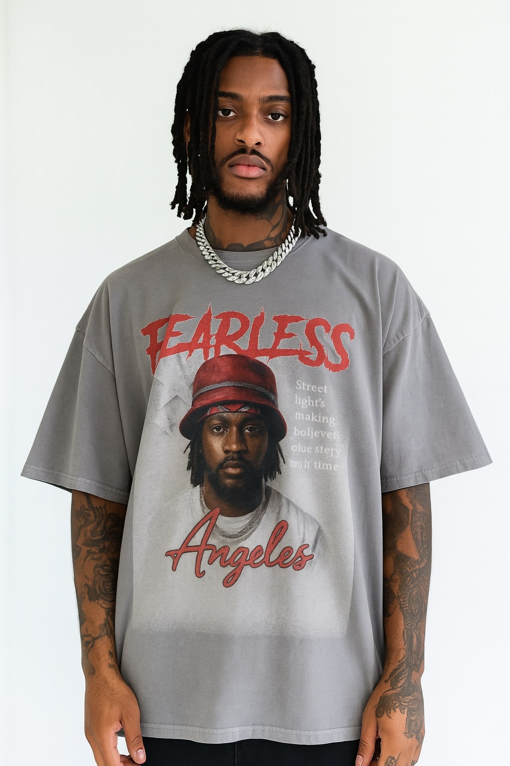 Fearless in LA – Vintage Oversized Graphic Tee - Light Gray / S