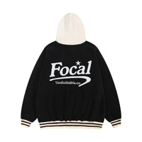 Black and white hooded varsity jacket from Focal Retro Fleece Hoodie collection