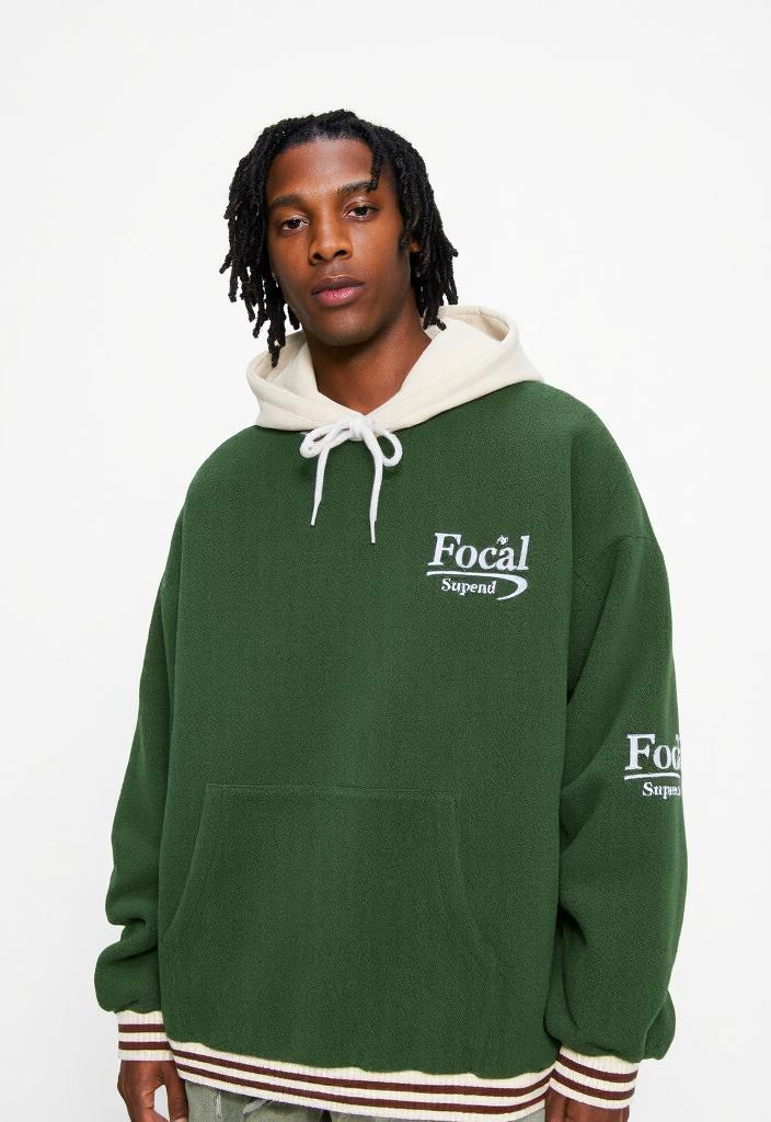 Green and cream Focal Retro Fleece Hoodie displayed on a neutral background