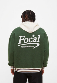 Green and white hooded varsity jacket from Focal Retro Fleece Hoodie collection