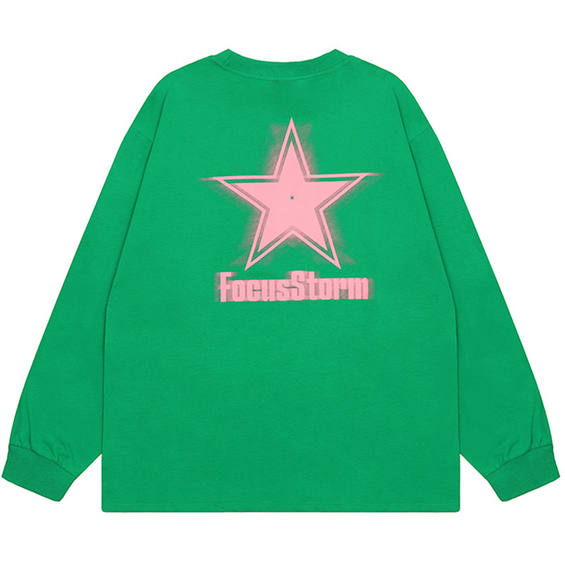 Focusstorm Green Oversized Streetwear Sweatshirt with pink star and text design