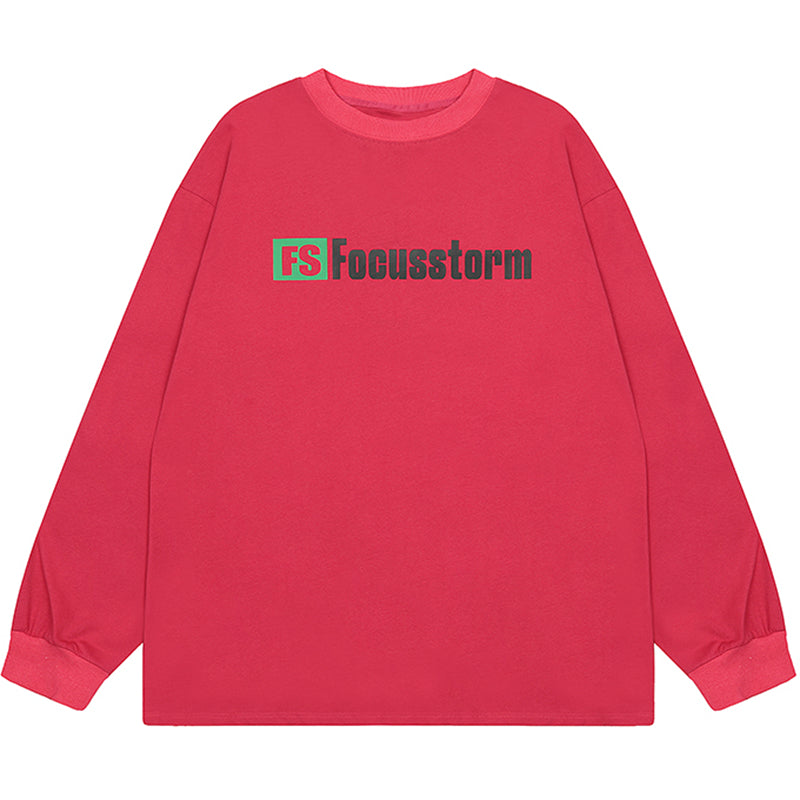 Red long-sleeved shirt featuring Focusstorm Green Oversized Streetwear Sweatshirt design