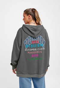 Gray hooded sweatshirt with colorful text from FOCUSSTORM Y2K Streetwear Hoodie