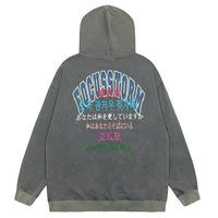 Gray hooded sweatshirt with FOCUSSTORM text in Y2K streetwear style