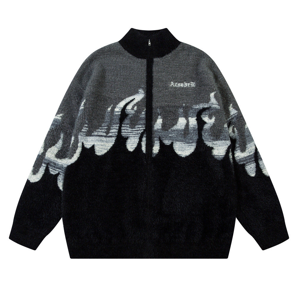 Gray and black flame-patterned Fuzzy Flame Zip-Up Streetwear Cardigan sweater