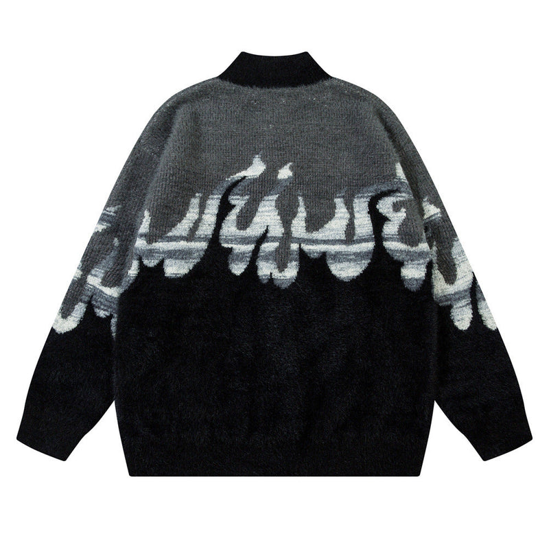 Fuzzy Flame Zip-Up Streetwear Cardigan
