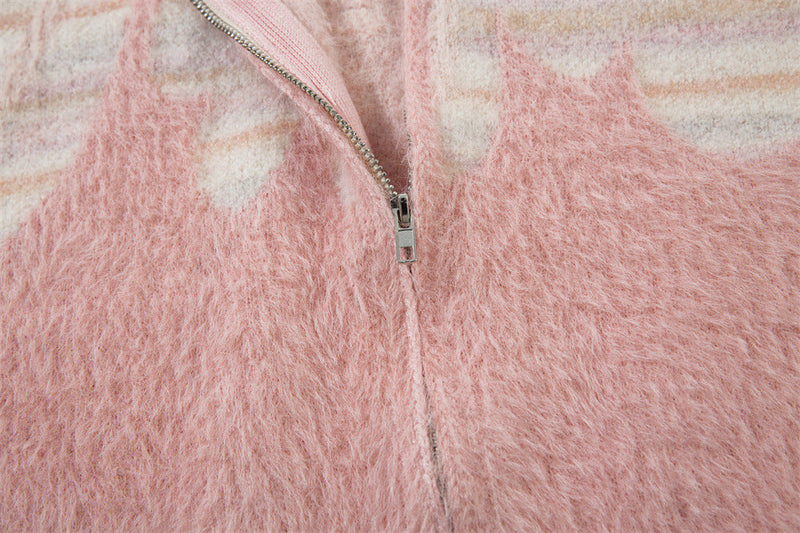 Fuzzy Flame Zip-Up Streetwear Cardigan