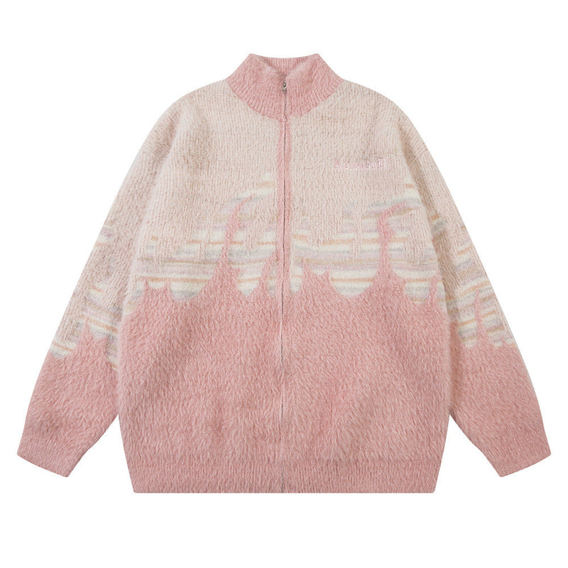Fuzzy Flame Zip-Up Streetwear Cardigan
