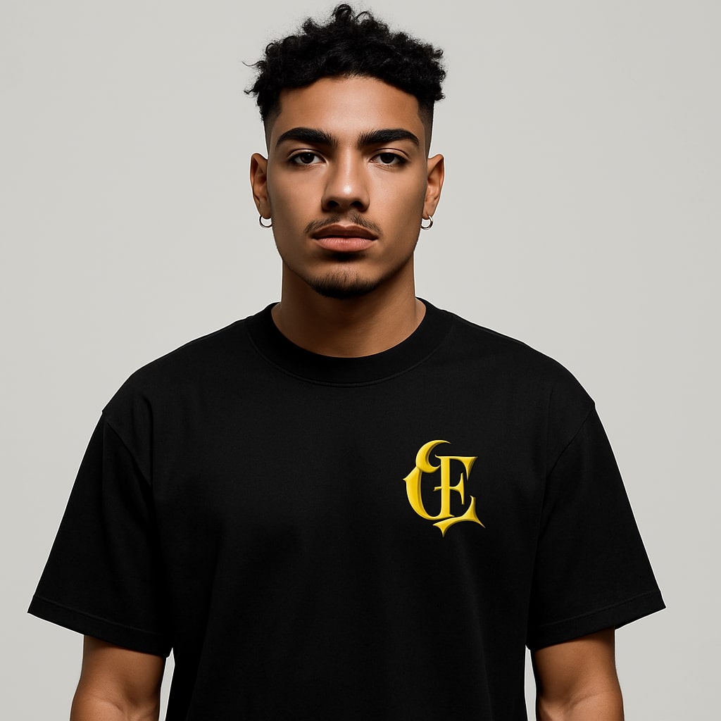 Gold CE Lettering T-Shirt Black Oversized