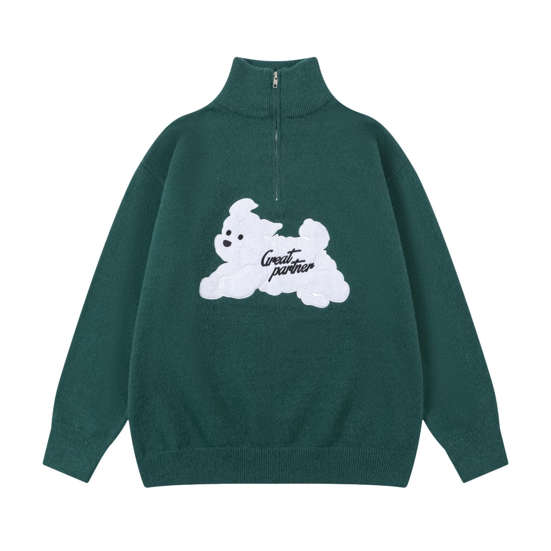 Green fleece zip-up retro sweater featuring a dog applique design