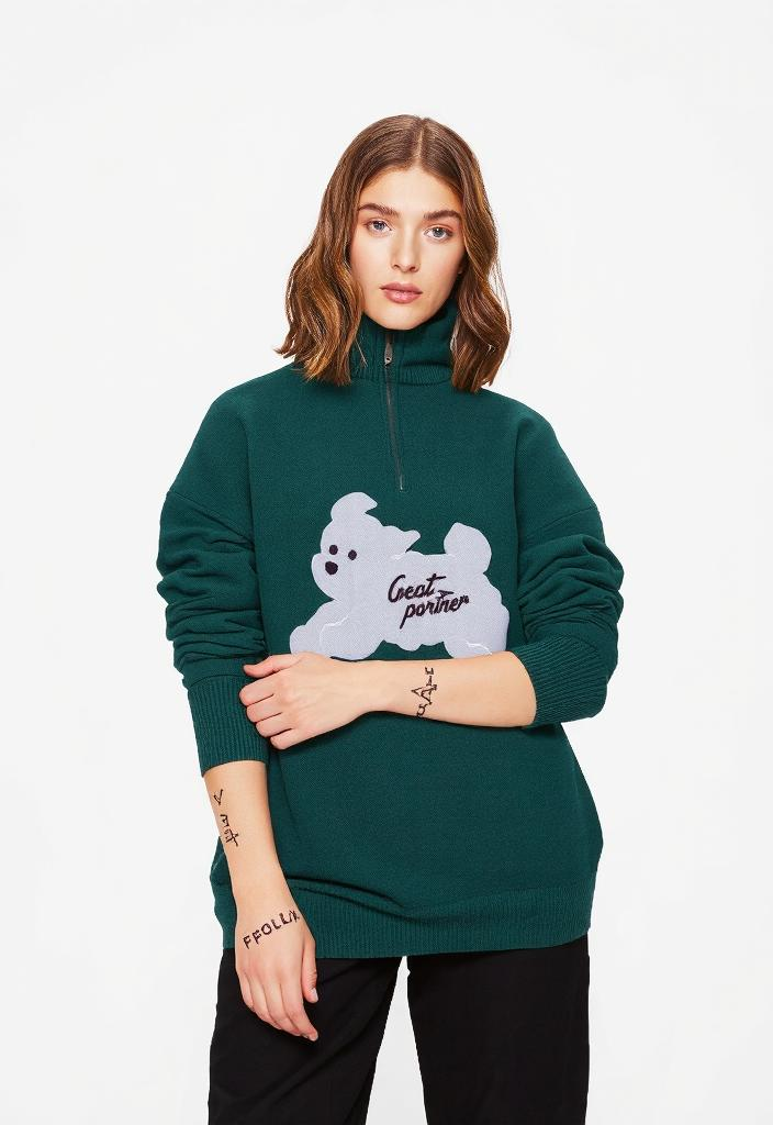 Green Fleece Zip-Up Retro Sweater