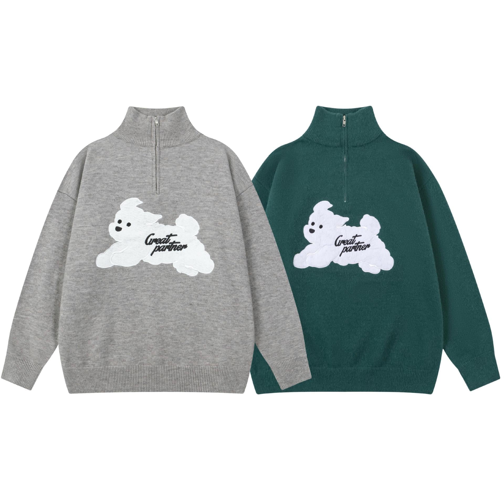 Green Fleece Zip-Up Retro Sweater