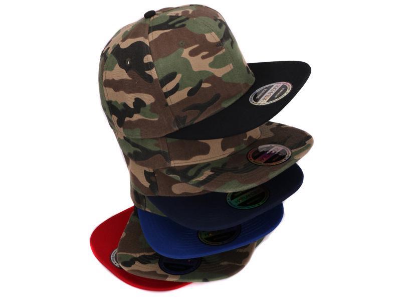 Stacked HATLANDER Camouflage Snapback Polyester Caps on display for stylish headwear