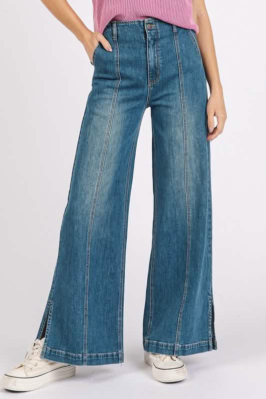 High-Waisted Wide-Leg Denim Jeans with Front Seams