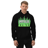 Black hoodie with green flame design.