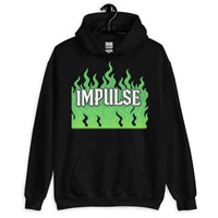 Black hoodie with green flame design.