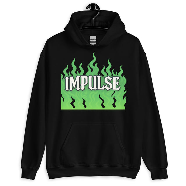 Black hoodie with green flame design.