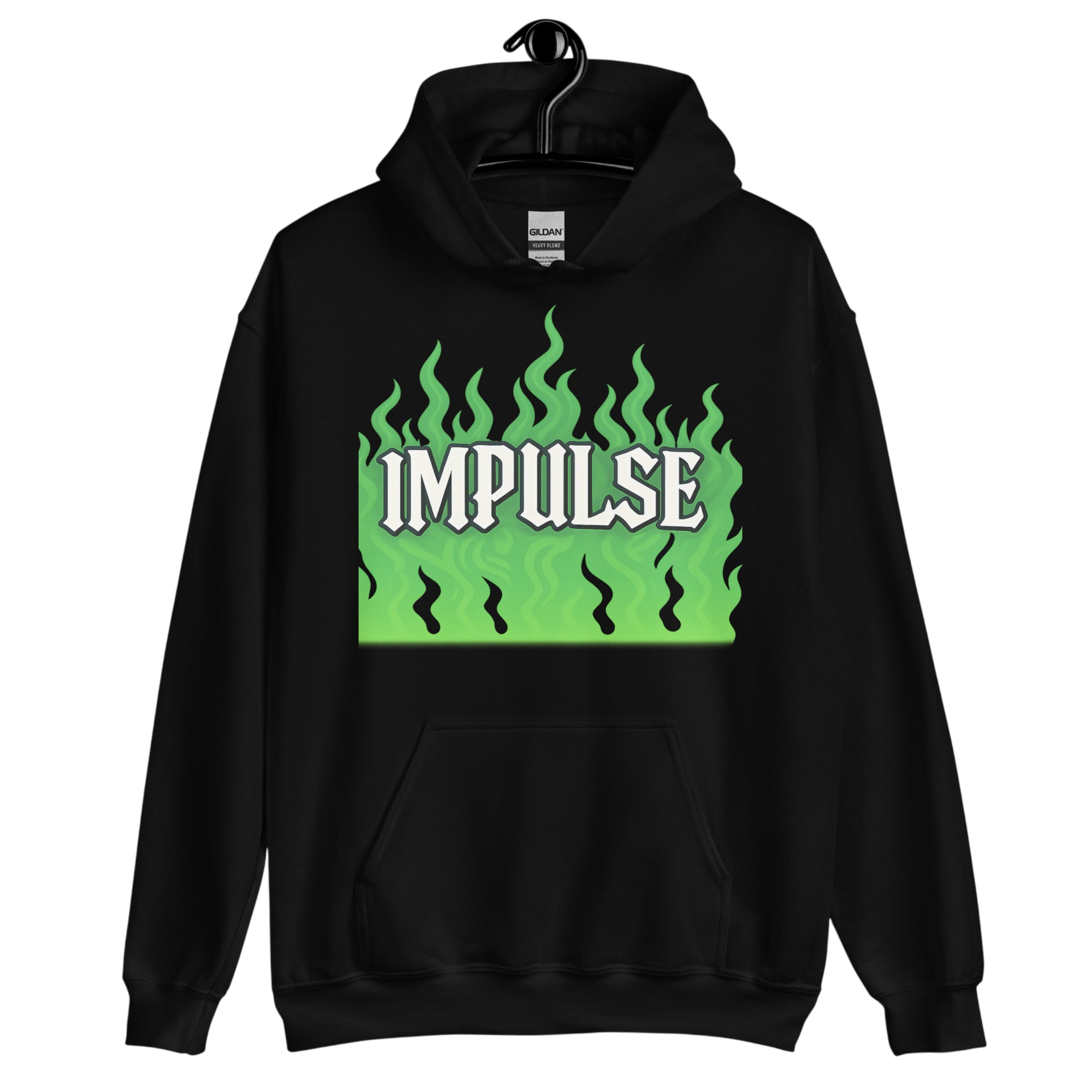 Black hoodie with green flame design.