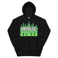 Black hoodie with green flame design.
