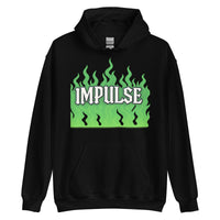 Black hoodie with green flame design.