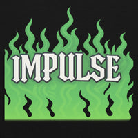 Impulse’ text with green flames.