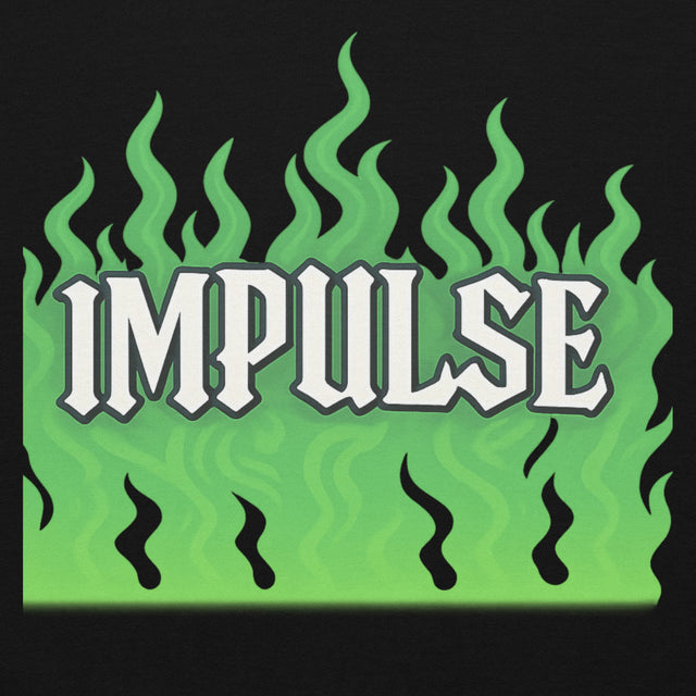 Impulse’ text with green flames.