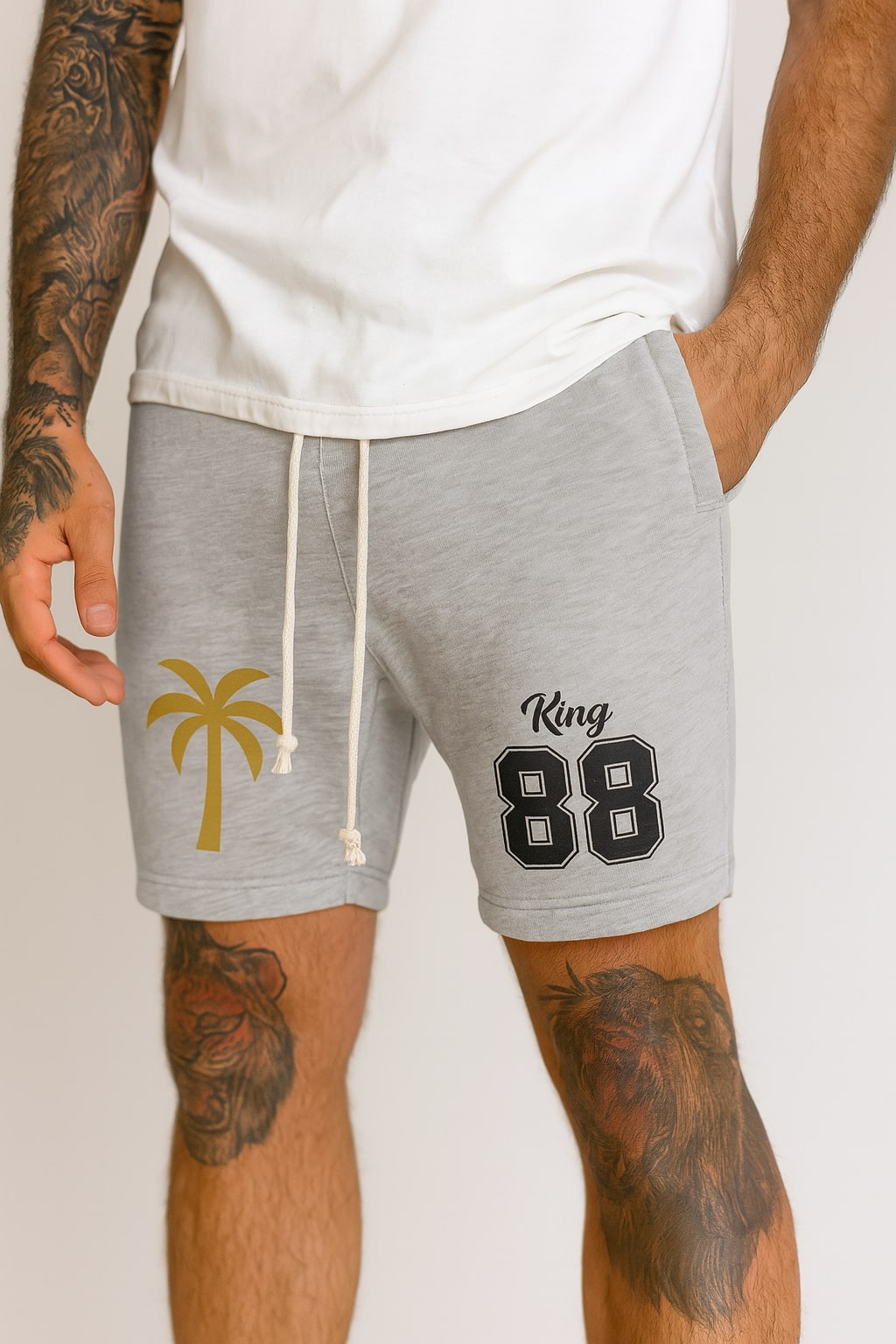 King 88 Palm Tree Sweat Shorts – Light Grey