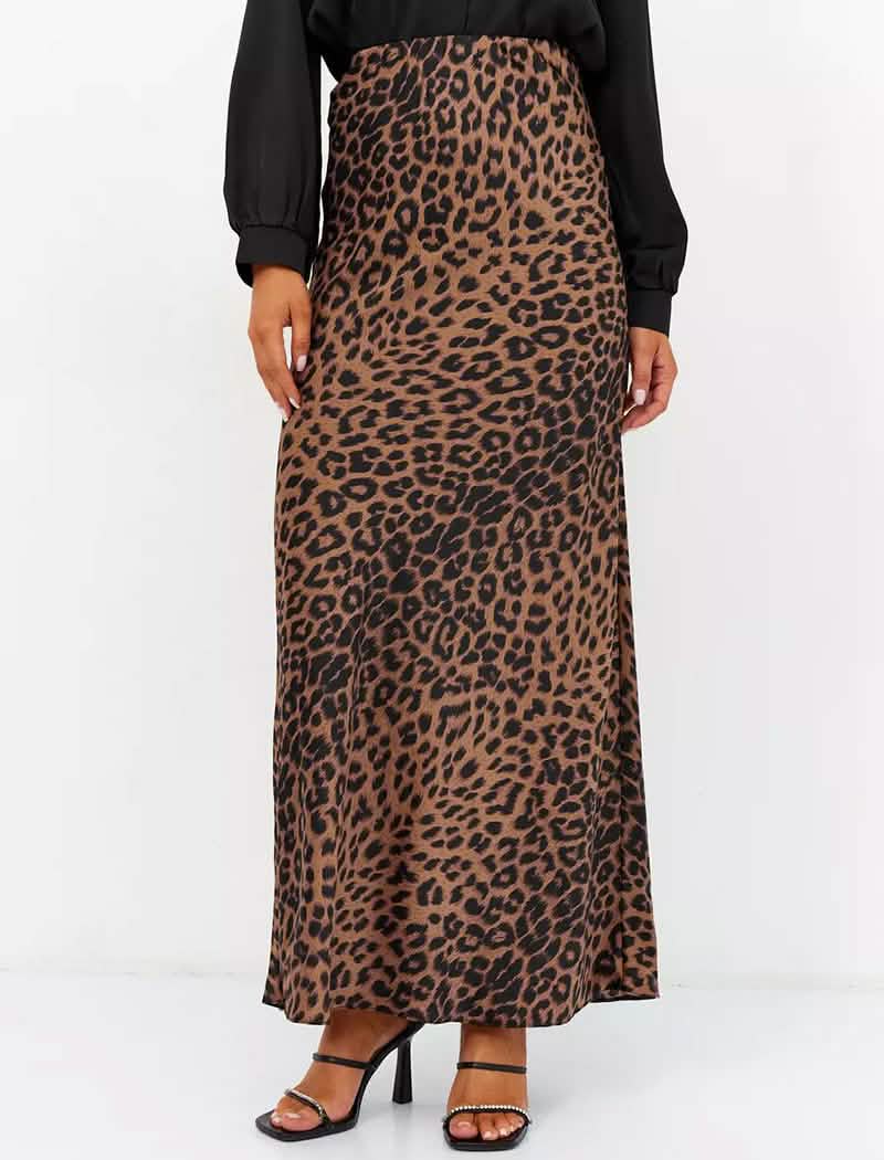Leopard Print Satin Maxi Skirt
