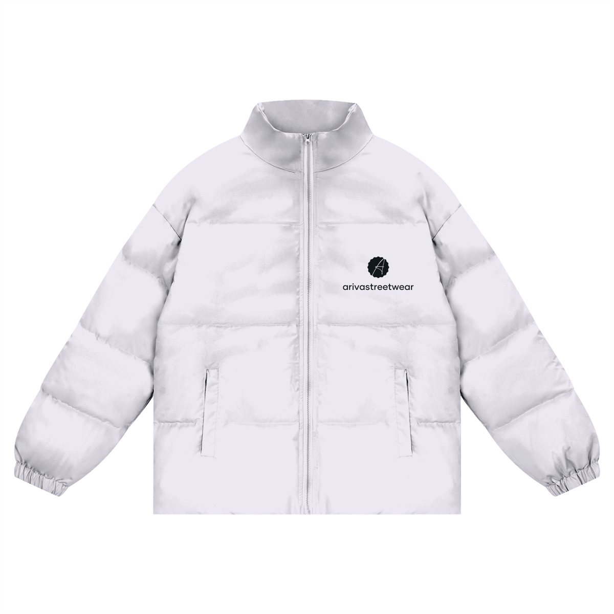 Light Gray unisex zipper puffer coat with minimalist white logo, high collar, elastic cuffs, and side pockets.