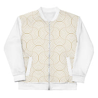 Luxury White and Gold Bomber Jacket featuring a gold circle pattern and brushed fleece