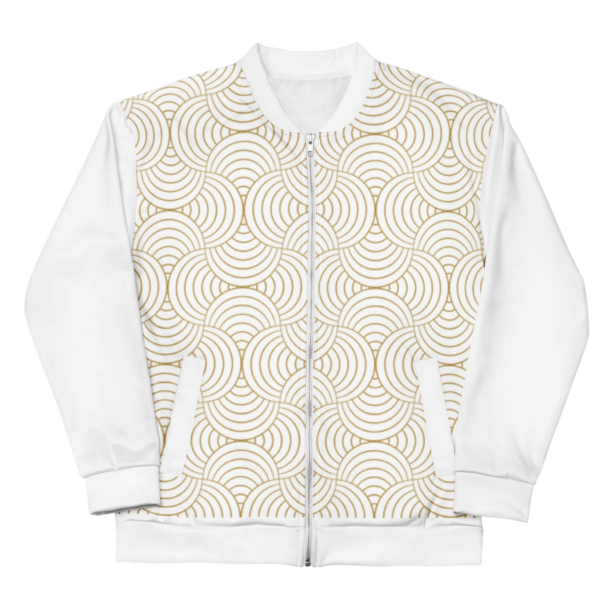 Luxury White and Gold Bomber Jacket featuring a gold circle pattern and brushed fleece