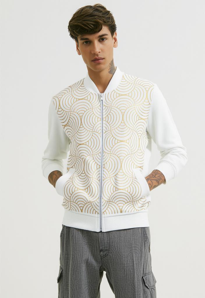 Boy wearing Luxury White and Gold Bomber Jacket featuring a gold circle pattern and brushed fleece