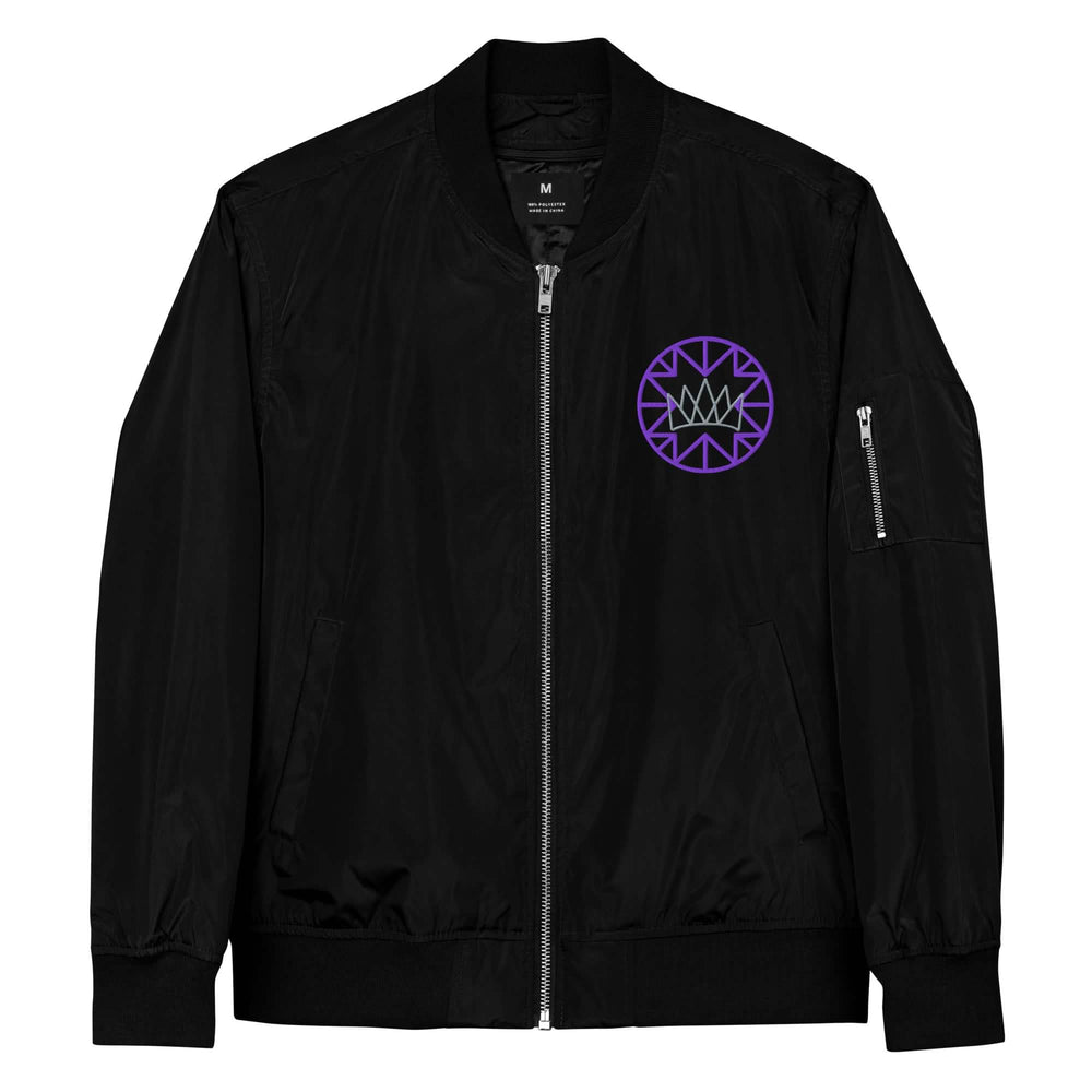 Black Bomber Jacket with Purple Crown featuring a stylish purple emblem design