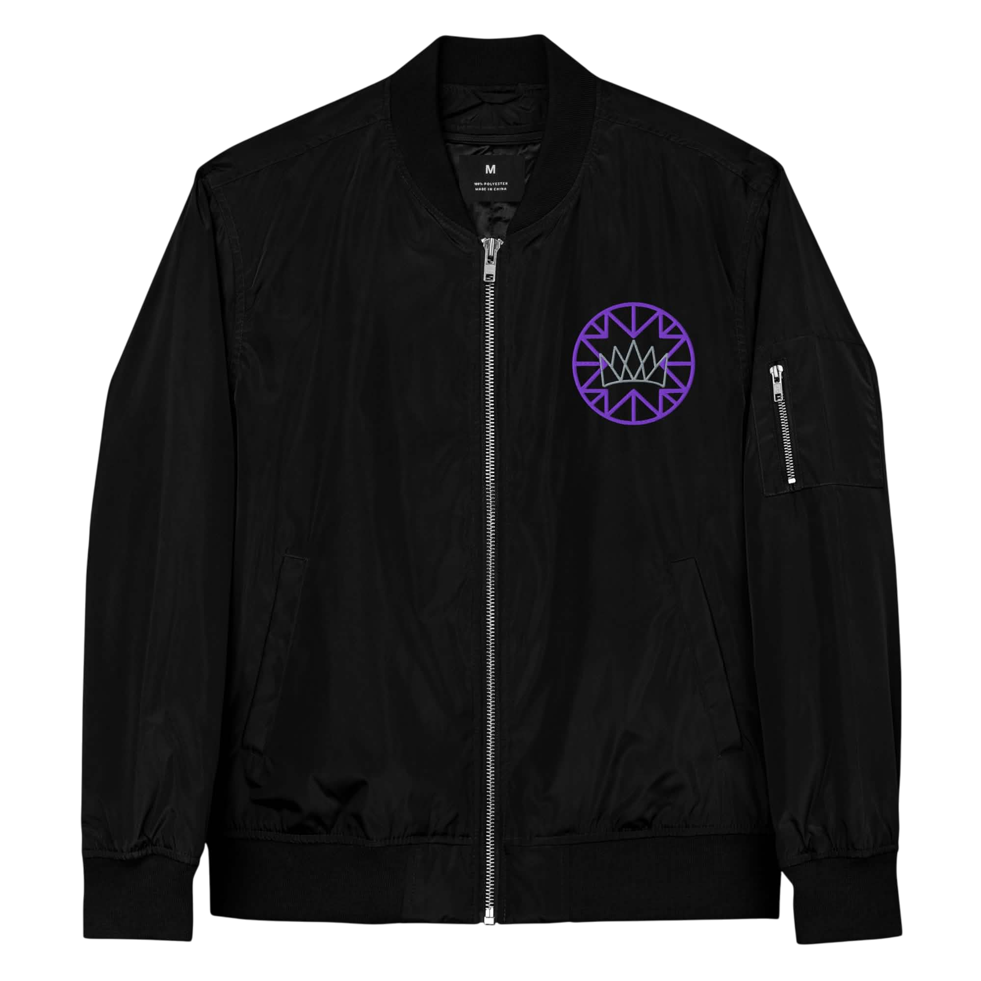 Black Bomber Jacket with Purple Crown featuring a stylish purple emblem design