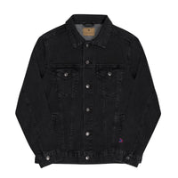Men’s Black Denim Jacket featuring an embroidered back logo for stylish wear