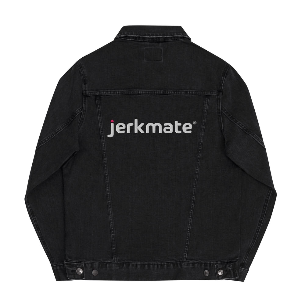 Men’s Black Denim Jacket with Embroidered Back Logo in stylish black denim