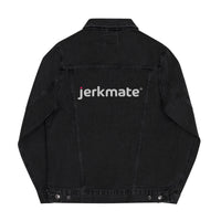 Men’s Black Denim Jacket with Embroidered Back Logo in stylish black denim