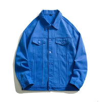 Blue denim jacket showcased with Men’s Black Denim Jacket featuring embroidered back logo