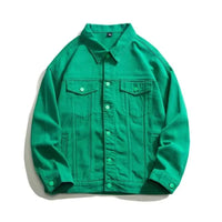 Green denim jacket highlighting the style of a Men’s Black Denim Jacket with Embroidered Back Logo